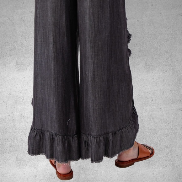 EASEL Raw Ruffle Trim Lightweight Pants Elastic & Drawstring Waist & Scooped Hem - Picture 5 of 16
